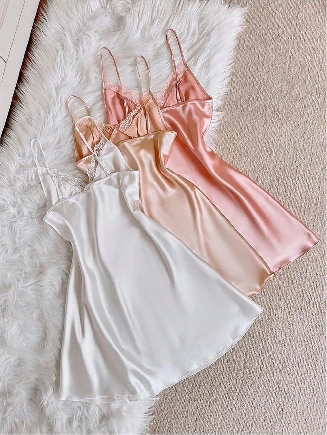 3 Pack Lace Trim Satin Nightgowns Lace Trim Spaghetti Strap V by OYOANGLE, photograph 2 of 4