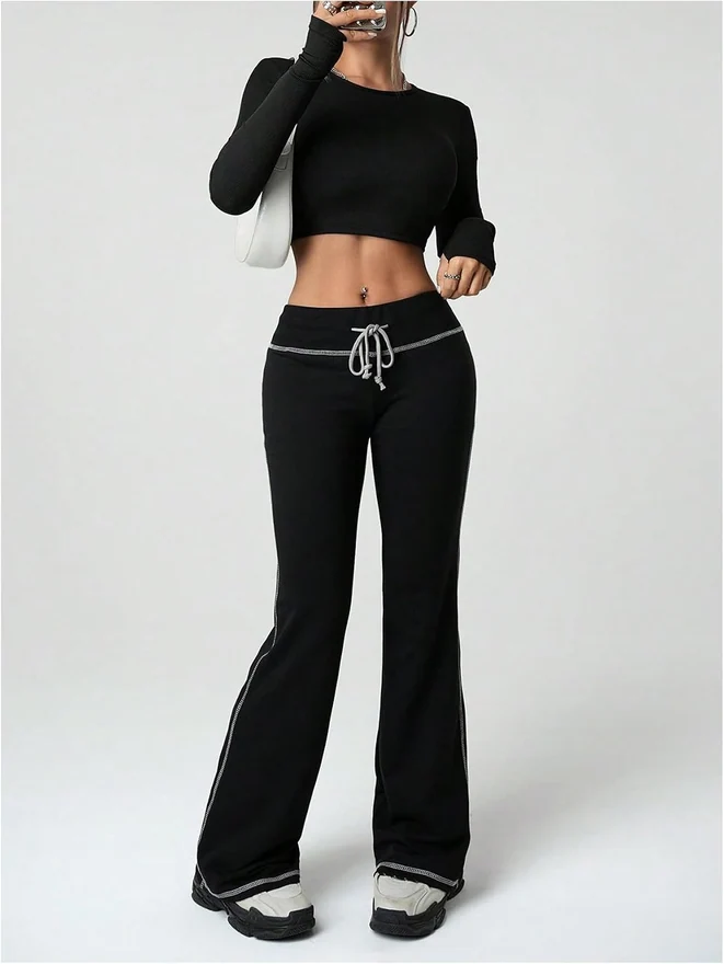 Y2K Drawstring Flare Sweatpants Low Waist Yoga Pants Black by OYOANGLE, photograph 2 of 3