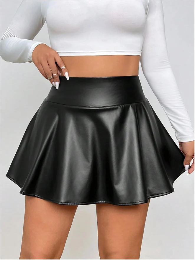 Plus Size Leather Skirt Faux Mini Skort Rave Outfits Black by OYOANGLE, photograph 3 of 4