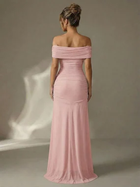 Off The Shoulder Maxi Dress Wedding Guest Dresses Pink in Pink