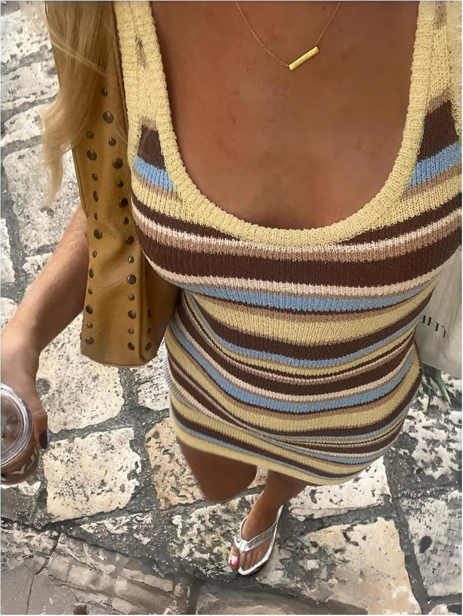 Striped Mini Dress Y2K Crochet Knit Dress Sweater Dress by OYOANGLE, photograph 3 of 4