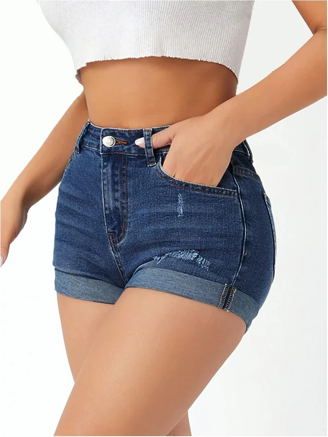 Ripped Denim Shorts Stretchy Rolled Hem Jean Shorts by OYOANGLE, photograph 4 of 4
