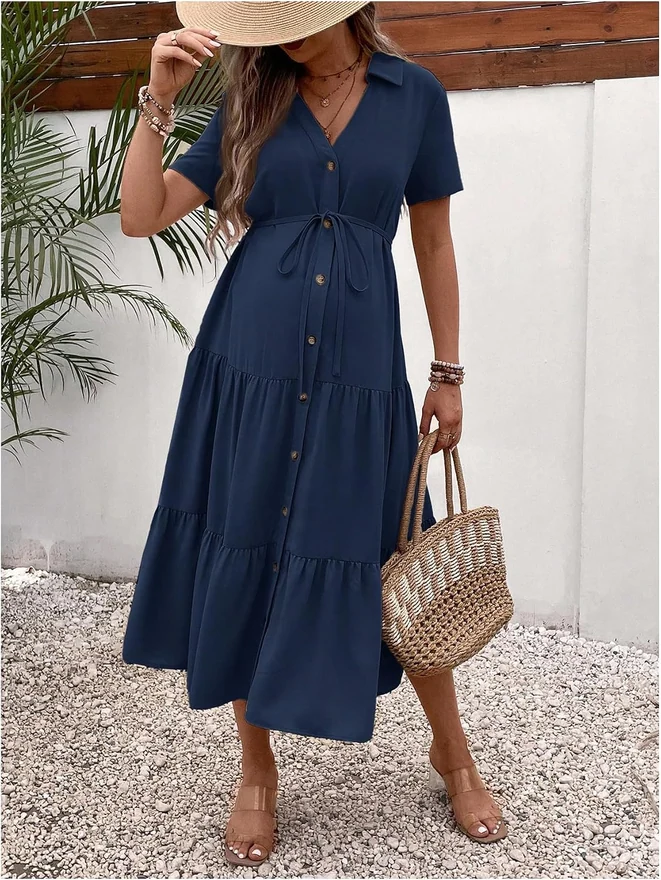 Maternity Button Belted Dress Dark Blue by OYOANGLE, photograph 3 of 3