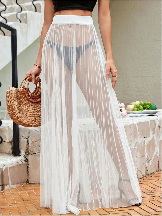 Sheer Mesh Flowy High Waist A Line Long Maxi Skirts White by OYOANGLE, photograph 3 of 4