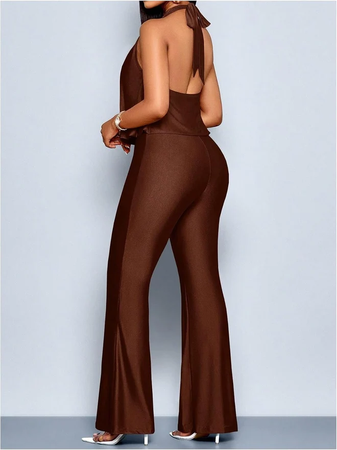 Halter Sleeveless Jumpsuit Tie Backless Flare Leg Overalls by OYOANGLE, photograph 2 of 3