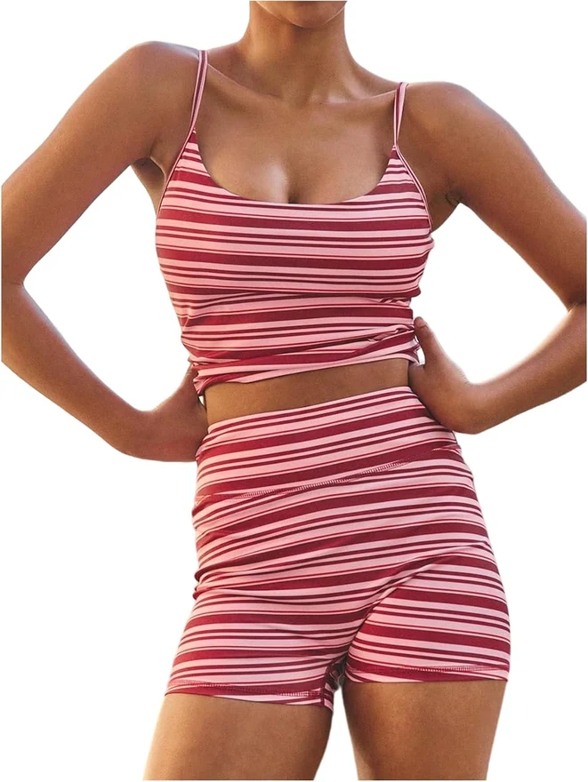 Workout Sets for Women 2 Piece Striped Cami Top and Biker Shorts by OYOANGLE