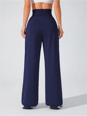 Wide Leg Yoga Pants Cinched High Waist Lounge Sweatpants in Deep Blue