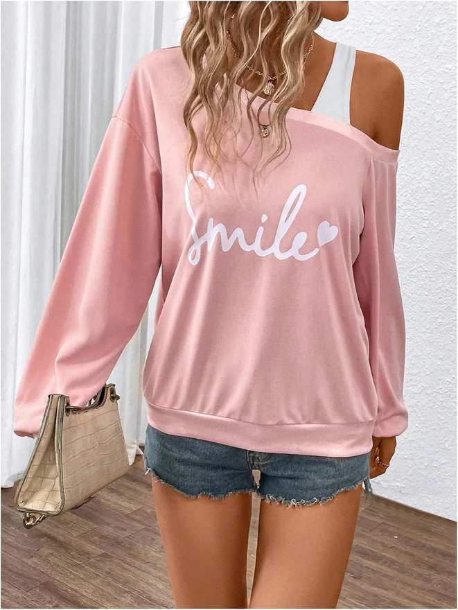 Letter Graphic Cold Shoulder Sweatshirts Long Sleeve Loose by OYOANGLE, photograph 4 of 4