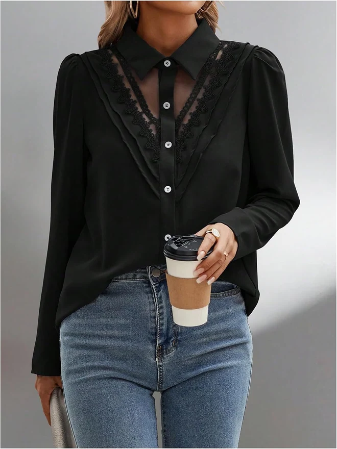 Lace Sheer Button Down Puff Blouse Black by OYOANGLE, photograph 2 of 3