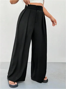Plus Size High Waisted Wide Leg Work Dressy Pants Black in Black