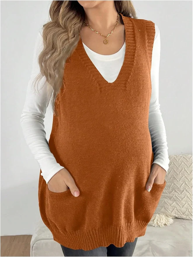 Maternity V Neck Sweater Vest Pregnancy Sleeveless Pullover by OYOANGLE