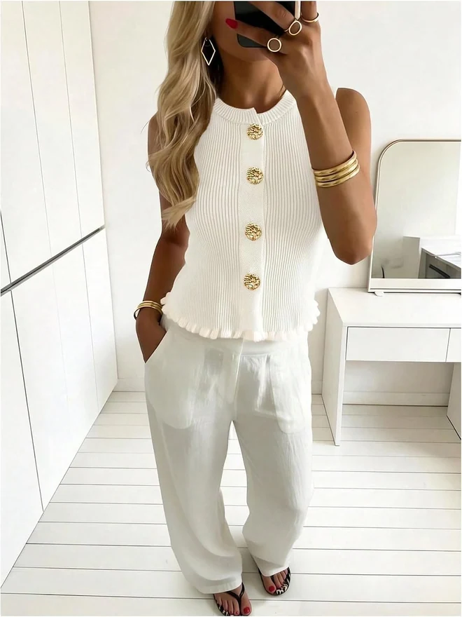 Button Up Sweater Vest Tank Top Sleeveless Cardigan White by OYOANGLE, photograph 2 of 4