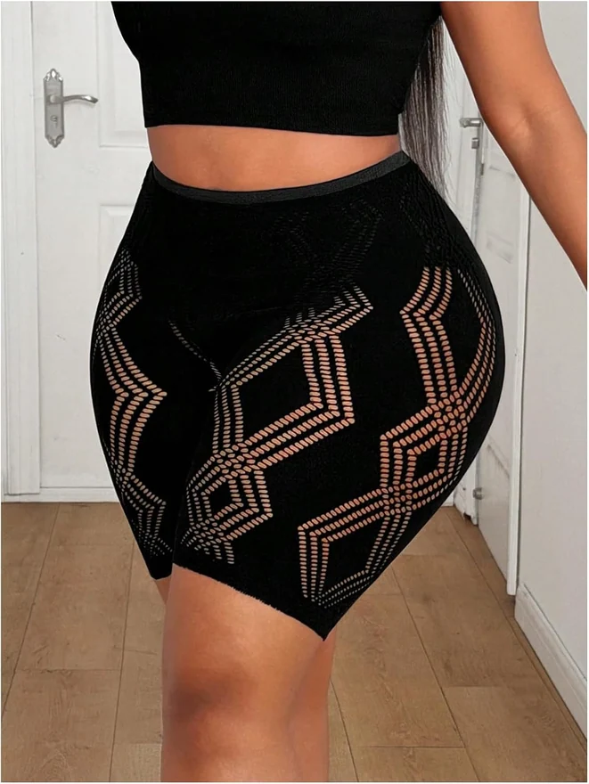Plus Size Hollow Out High Waisted Biker Shorts Leggings by OYOANGLE, photograph 2 of 4