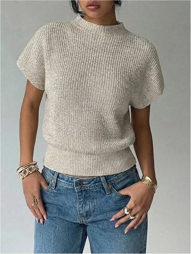 Short Sleeve Sweaters Mock Neck Dressy Pullover Knit Tops by OYOANGLE, photograph 3 of 4