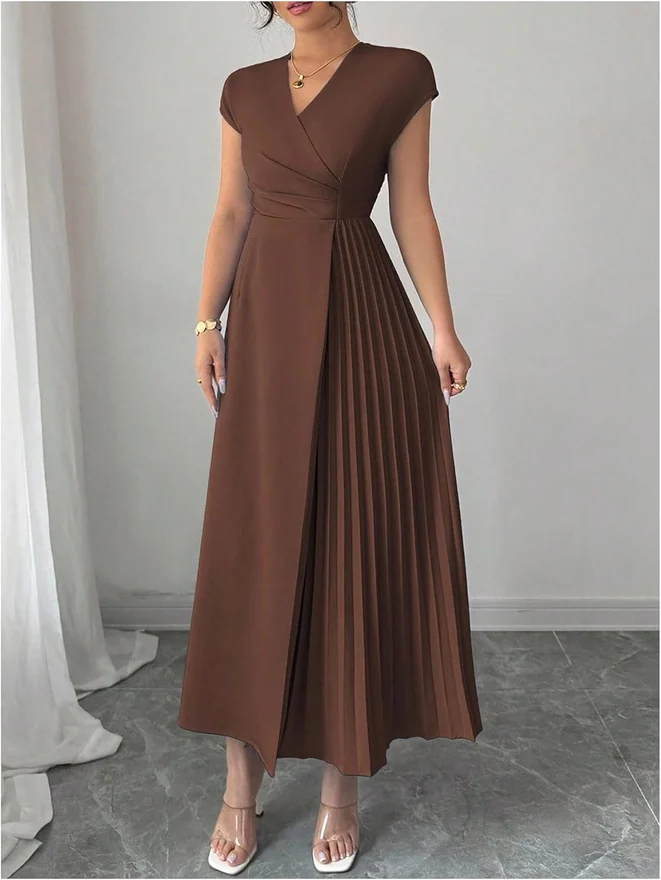 Cap Sleeve Belted Maxi Dress Brown by OYOANGLE