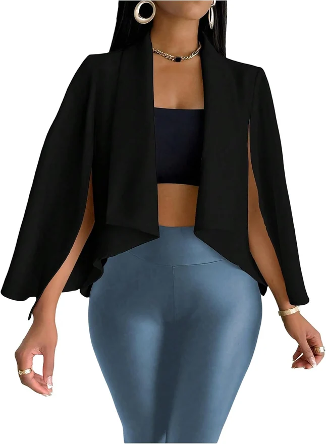 Cape Blazer Long Sleeve Cropped Blazers Jacket Coat Work by OYOANGLE