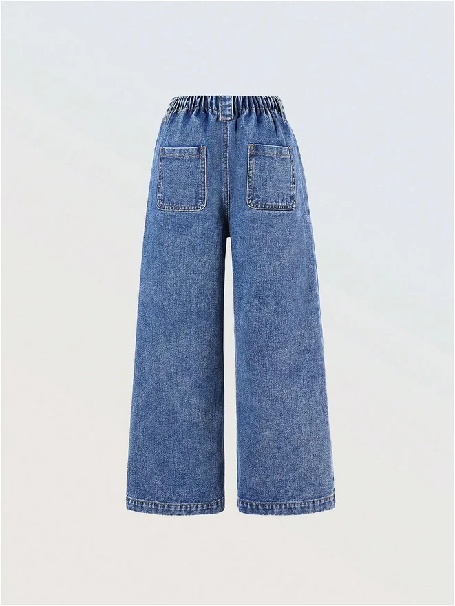 Girl's Pleated Baggy Jeans Vintage High Waisted Wide Leg Denim by OYOANGLE