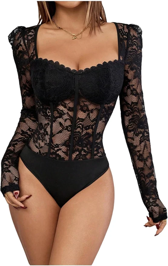 Floral Lace Long Sleeve V Neck Mesh Corset Bodysuit Leotar by OYOANGLE