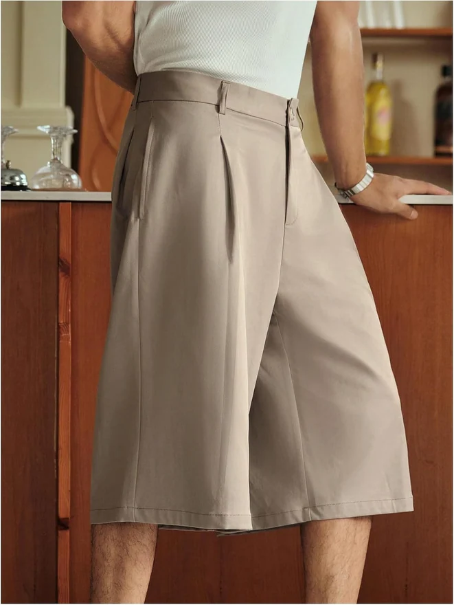 Pleat Front Baggy Shorts Zipper Fly Wide Leg Dress Shorts with by OYOANGLE