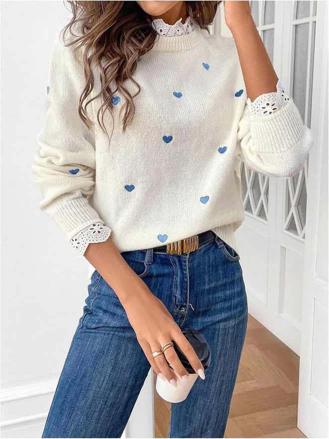 Long Sleeve Sweater Heart Embroidery Crewneck Lace Patchwork by OYOANGLE, photograph 4 of 4
