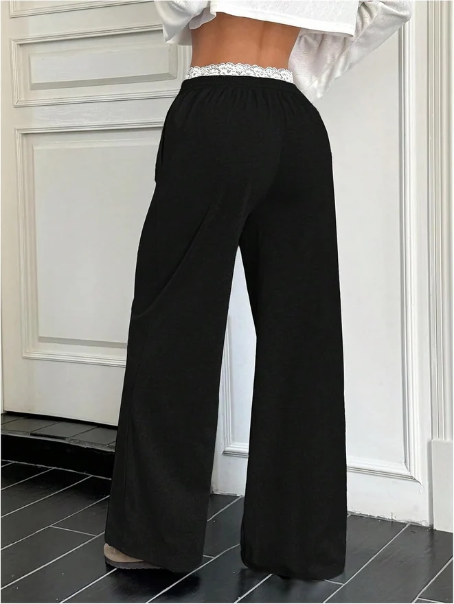 Lace Trim Wide Leg Sweatpants Drawstring Elastic Waist Loose by OYOANGLE