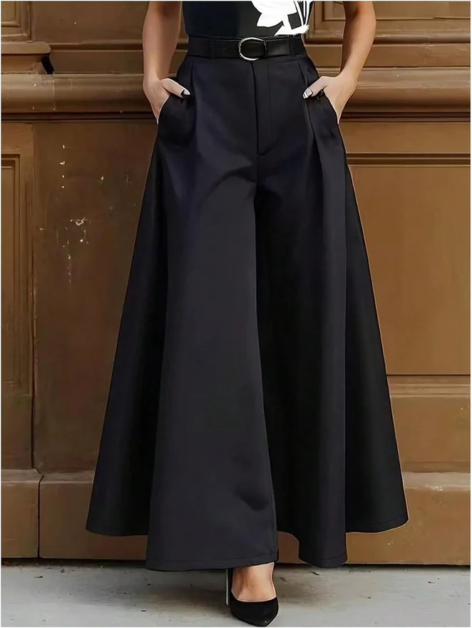Elegant Pleated Flowy Dress Pants Wide Leg High Waisted Business by OYOANGLE