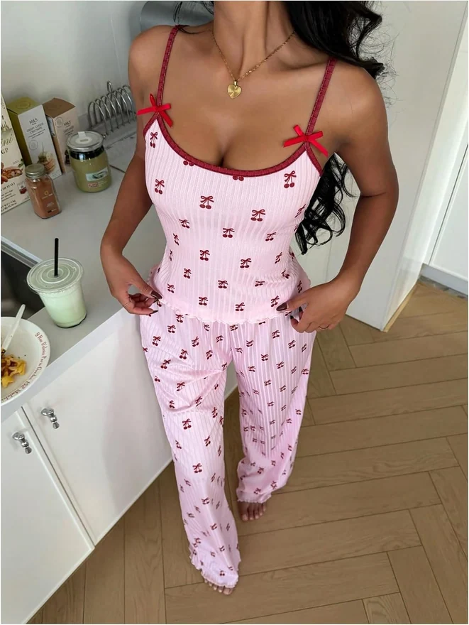 Pajamas For Women Set 2 Piece Cute Pjs Cherry Sleepwear Lounge by OYOANGLE