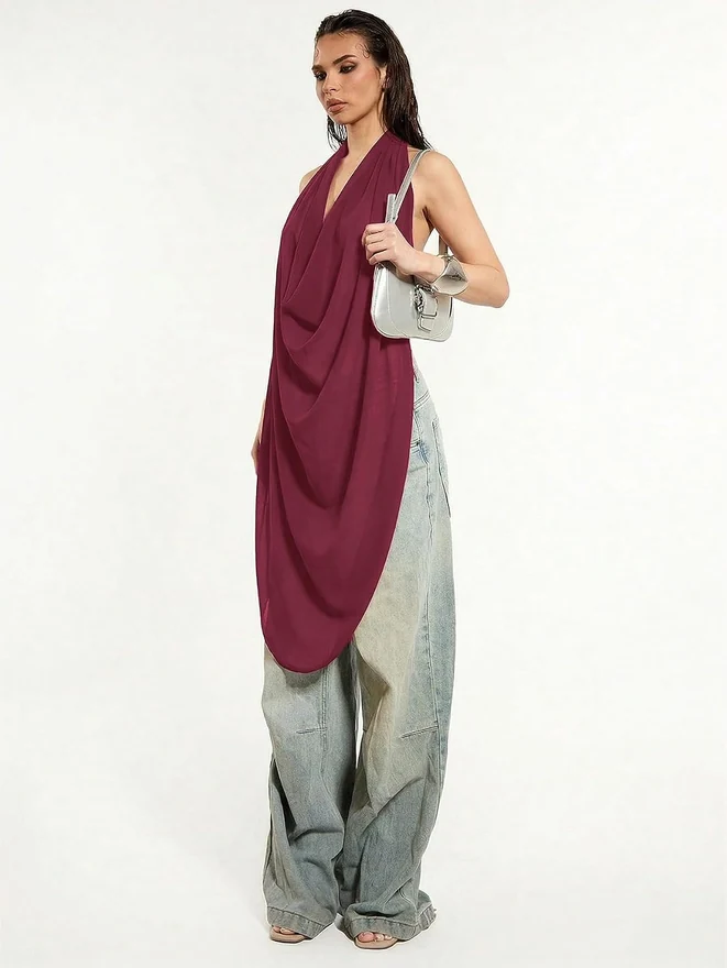 Cowl Neck Backless Halter Top Y2k See Through Tank Tops by OYOANGLE, photograph 3 of 3