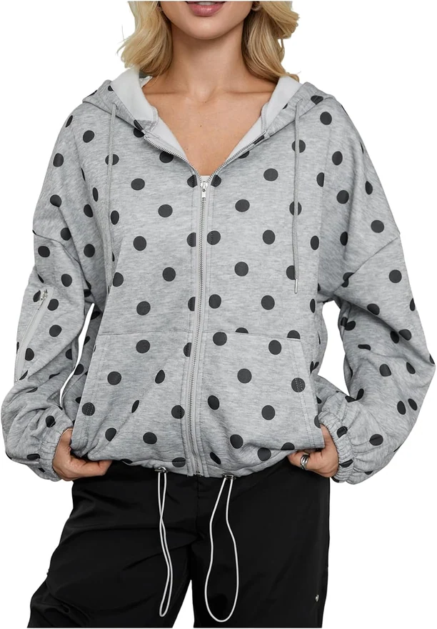 Polka Dots Fleece Sweatshirts Zip Up Hoodie with Pockets by OYOANGLE