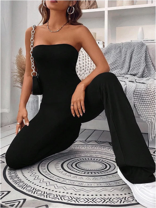 Strapless Flare Leg Jumpsuit Sleeveless Going Out Bodysuit by OYOANGLE, photograph 3 of 3