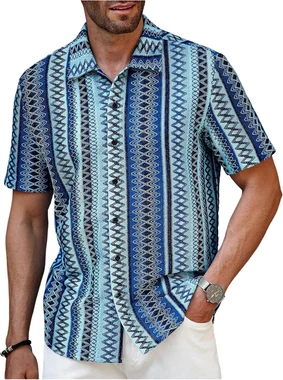 Textured Jacquard Button Down Shirts Tropical Beach Shirt in Blue