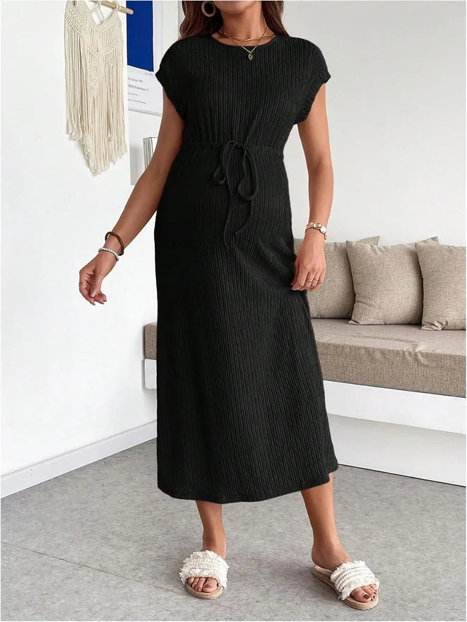 Maternity Summer Casual Short Sleeve Long Midi Dress Black by OYOANGLE