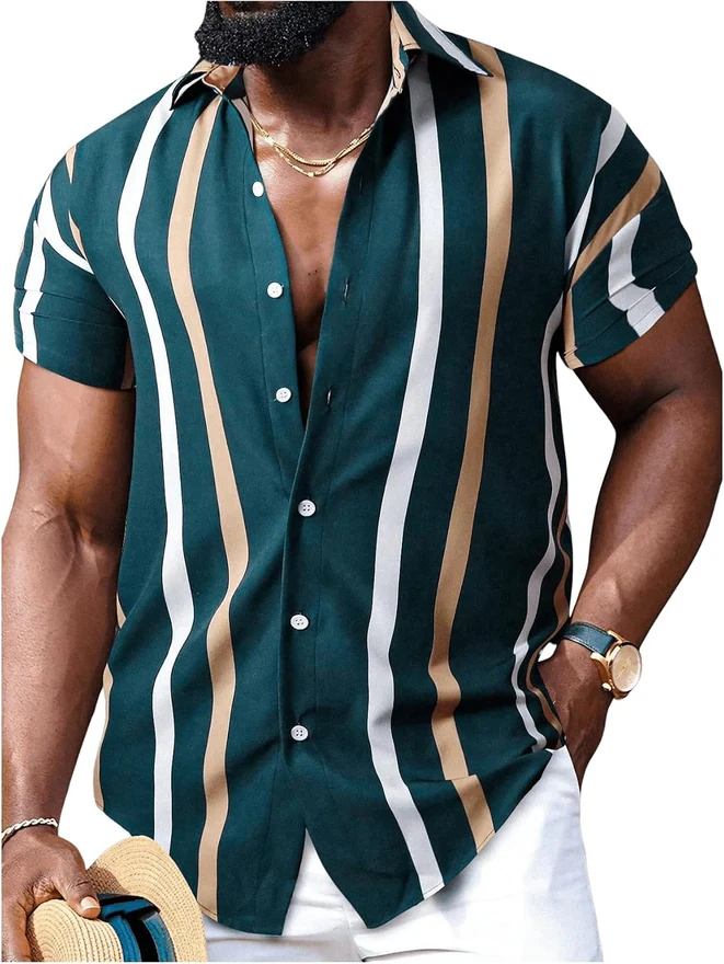 Color Block Striped Print Short Sleeve Button Down Shirt by OYOANGLE, photograph 2 of 4
