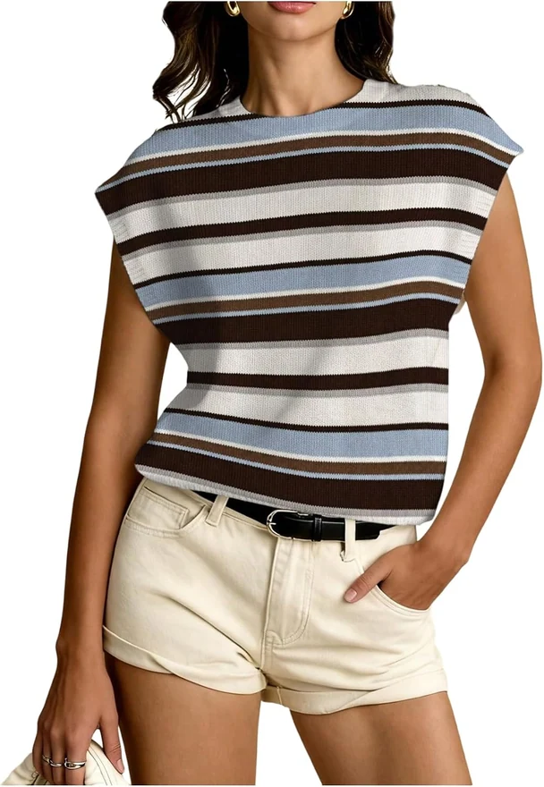 Striped Short Sleeve Sweater Summer Ribbed Knit Work Top by OYOANGLE
