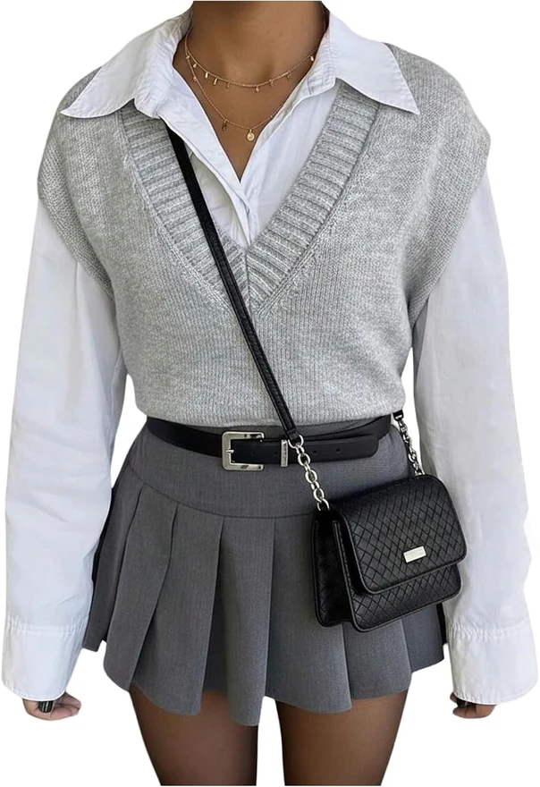 V Neck Knit Vest Sleeveless Lightweight Sweater Vests Grey by OYOANGLE
