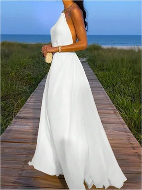 Sleeveless Chain Halter Backless Elegant Flared Maxi Dress in White