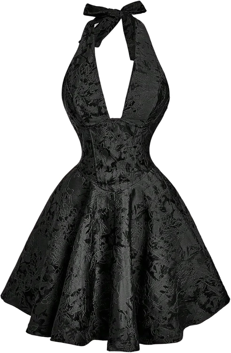 Floral Jacquard Halter Bow Mini Dress Black by OYOANGLE, photograph 1 of 4