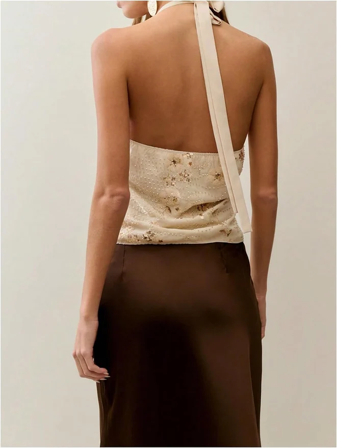 Sequin Sparkly Cowl Neck Halter Top Sexy Open Back Ruched Fitted by OYOANGLE, photograph 4 of 4