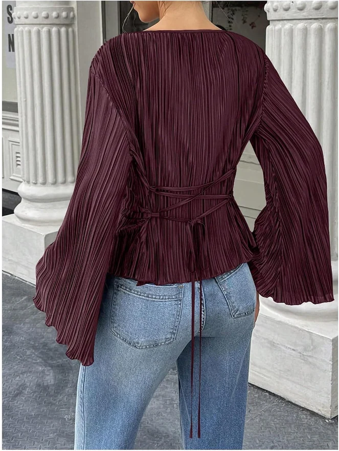 Cinched Waist Tops Bell Long Sleeve Going Out Work Blouse by OYOANGLE, photograph 2 of 4