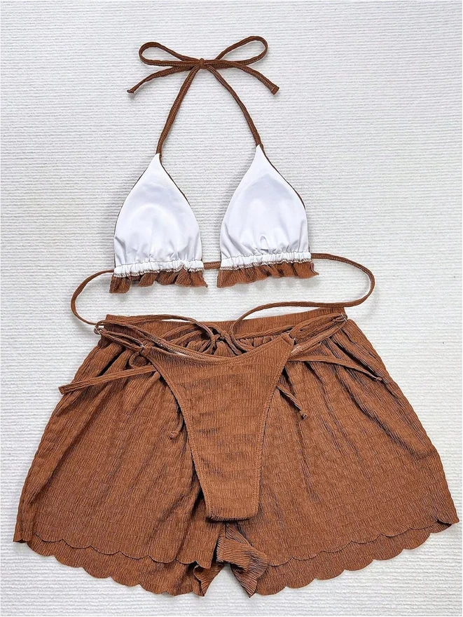 3 Piece Textured Bikini Set Ruffle Triangle Thong Swimsuit by OYOANGLE, photograph 3 of 4