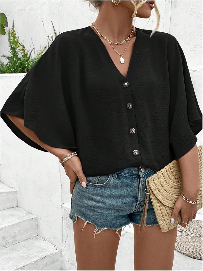 Plus Size Button Front V Neck Half Sleeve Blouse Loose Top by OYOANGLE, photograph 2 of 4