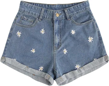 Floral Denim Shorts Wide Leg Embroidered Jean Shorts in Medium Wash