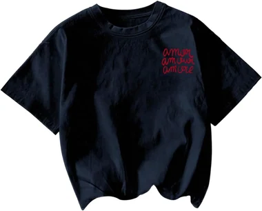 Graphic Tees Letter Print Short Sleeve Tee Shirt Drop Shoulder in Dark Blue