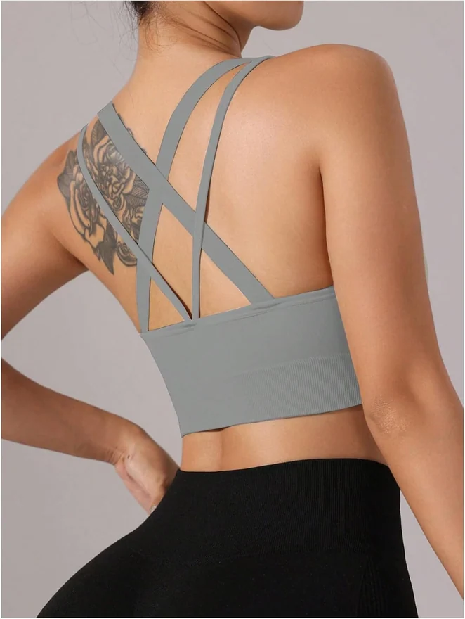 3 Pack Sports Bras Criss Cross Strappy Padded Light Support Gym by OYOANGLE, photograph 4 of 4