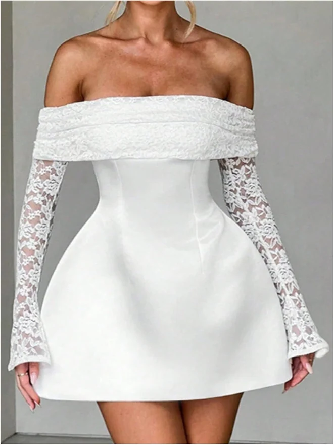 Floral Lace Off The Shoulder Dress Cocktail Mini Dresses White by OYOANGLE, photograph 4 of 4