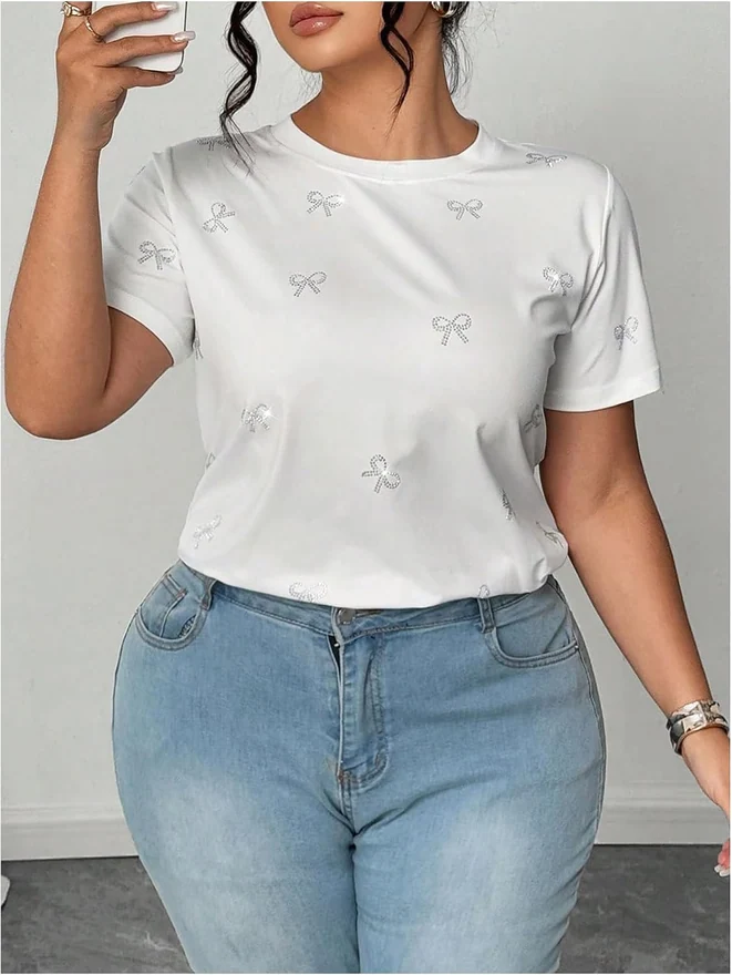 Plus Size Rhinestone Bow Top Short Sleeve Crew Neck Tee Shirts by OYOANGLE, photograph 4 of 4