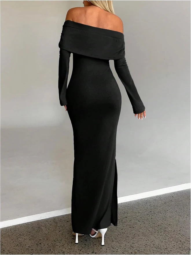 Off Shoulder Long Sleeve Bodycon Long Dress Ruched Slit Thigh by OYOANGLE, photograph 2 of 3