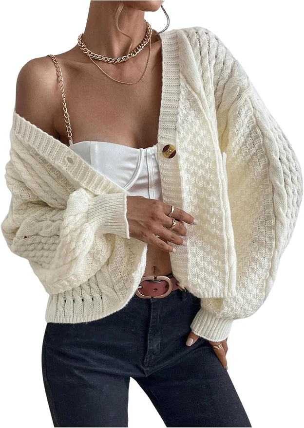 Cardigan Sweaters Cable Knit Chunky Long Sleeve Cardigan Fall by OYOANGLE