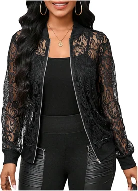 Lace Sheer Long Sleeve Bomber Jackets in Black