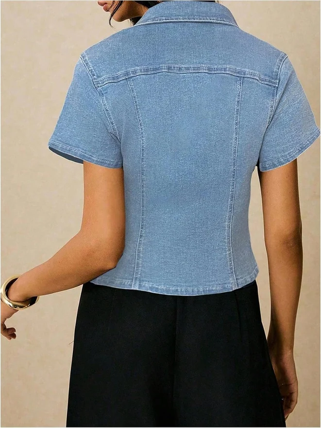 Summer Short Sleeve Button Down Denim Jackets Top Blouse by OYOANGLE, photograph 3 of 4